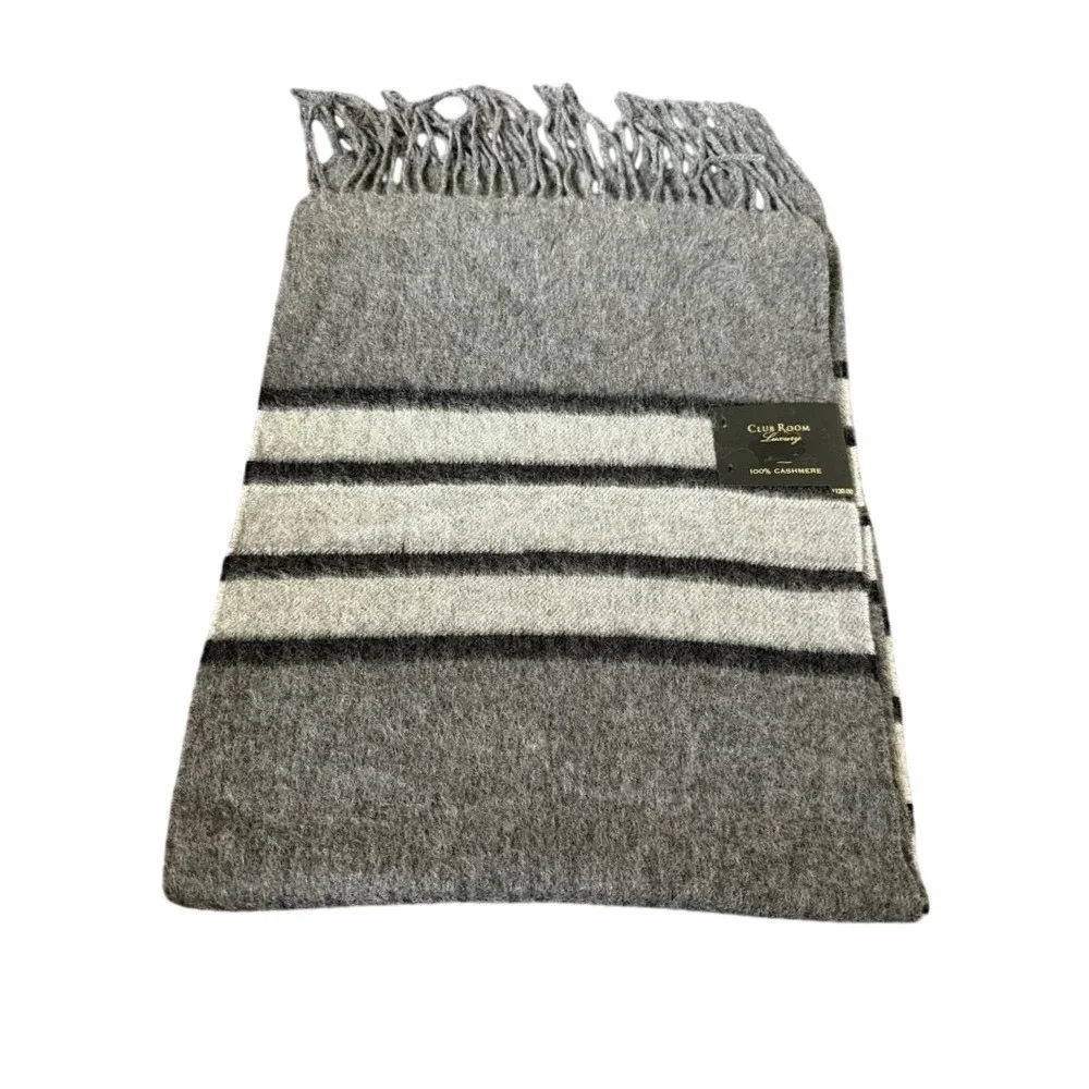 NWT‎ Club Room Mens Charcoal & Light Gray Fringe Luxury Cashmere Scarf 12.5 X 64